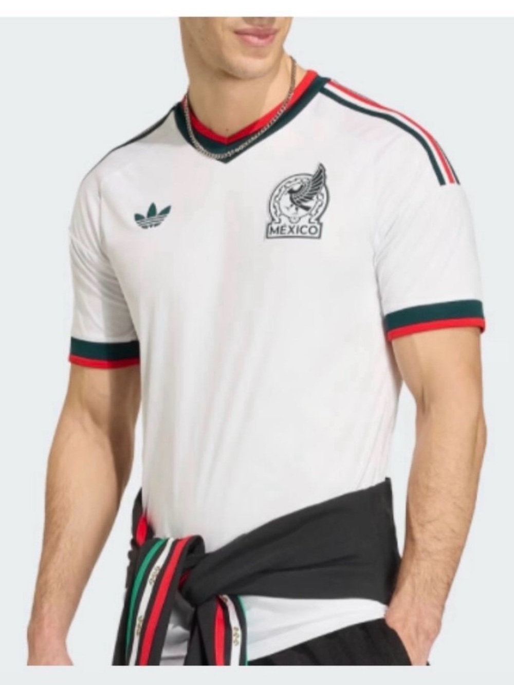 adidas White Mexico V-Neck Soccer Jersey with Green & Red Trim